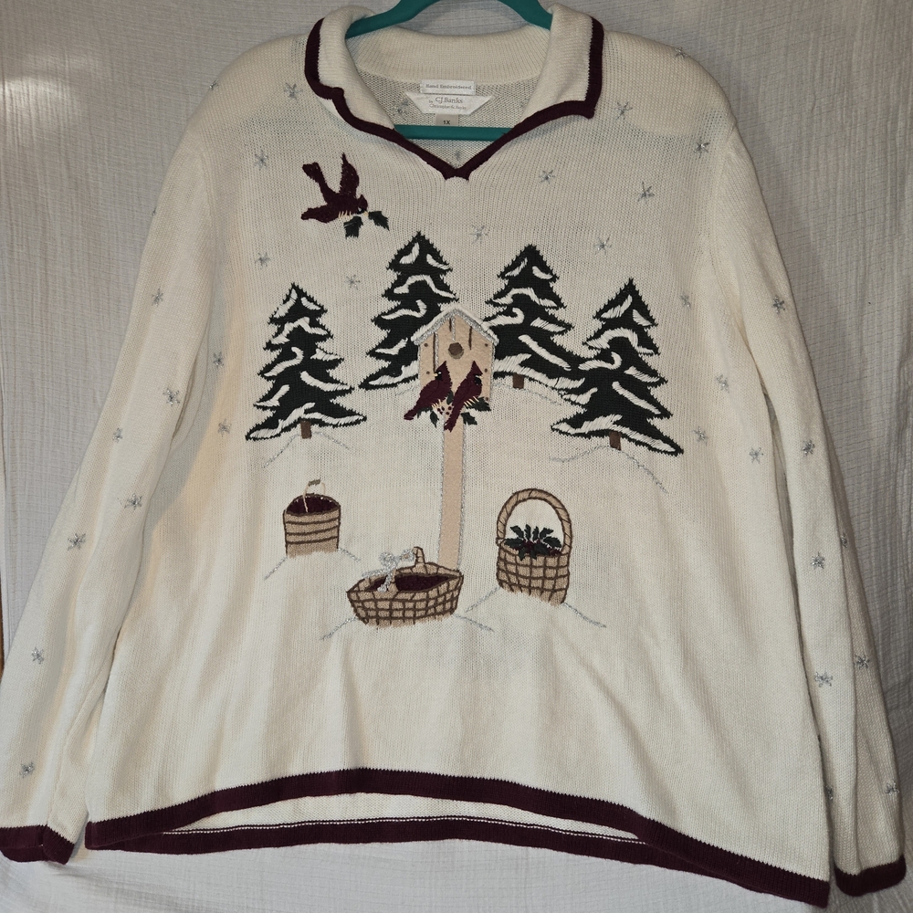 CJ Banks Cream V-Neck Sweater with Winter‎ Design